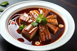 a bowl of meat and sauce on a table. AI-Generated photo
