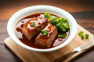 chicken and broccoli in sauce in a bowl on a wooden table. AI-Generated photo