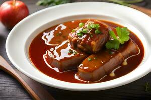 chinese pork belly with sauce and herbs. AI-Generated photo