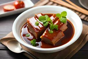 chinese style pork ribs in sauce with chopsticks. AI-Generated photo