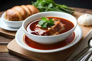 a bowl of soup with meat and vegetables on a wooden table. AI-Generated photo