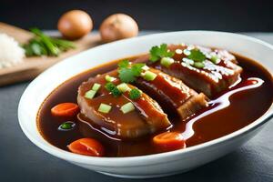 chinese pork in sauce with vegetables and rice. AI-Generated photo