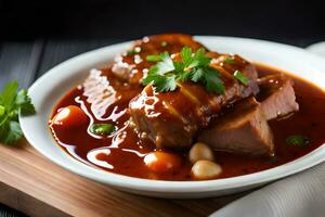 un plato de carne y vegetales con salsa. generado por ai foto