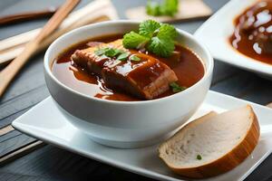 a bowl of soup with meat and bread on a table. AI-Generated photo