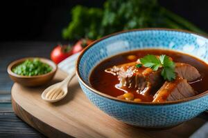 chicken stew in a bowl with vegetables and herbs. AI-Generated photo