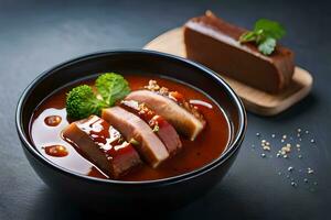 a bowl of soup with meat and broccoli. AI-Generated photo