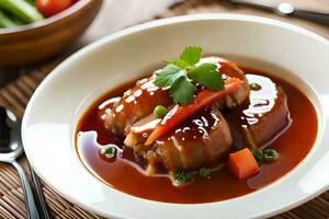 un plato de comida con carne y salsa. generado por ai foto