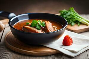 a bowl of soup with meat and vegetables on a wooden table. AI-Generated photo