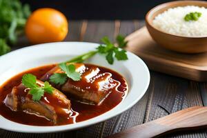chinese pork belly with sauce and rice. AI-Generated photo