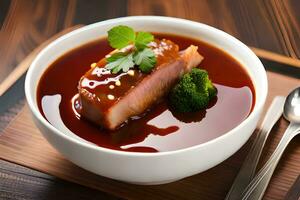 a bowl of soup with meat and broccoli. AI-Generated photo