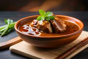 chicken and asparagus soup in a bowl on a wooden table. AI-Generated photo