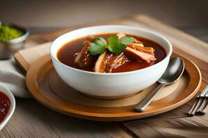 a bowl of soup with meat and sauce on a wooden table. AI-Generated photo