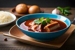 chinese pork and rice soup with egg on wooden table. AI-Generated photo