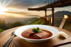 soup with meat and broccoli on a plate with a view of the city. AI-Generated photo