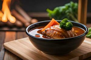a bowl of soup with broccoli and meat on a wooden table. AI-Generated photo