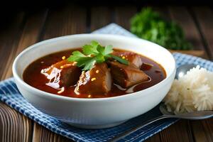 chicken and rice in a bowl with a spoon on a wooden table. AI-Generated photo