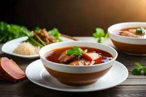 two bowls of soup with meat and vegetables. AI-Generated photo