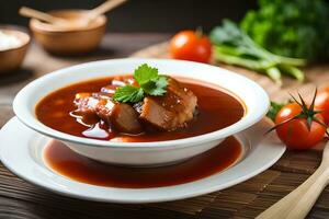 a bowl of soup with meat and vegetables on a table. AI-Generated photo