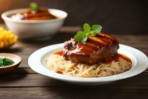 chicken with noodles and sauce on a wooden table. AI-Generated photo