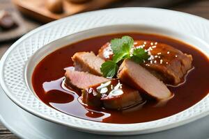 un cuenco de sopa con carne y salsa. generado por ai foto