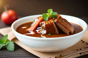 a bowl of stew with meat and vegetables on a wooden table. AI-Generated photo