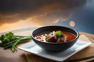a bowl of soup with meat and herbs on a table. AI-Generated photo