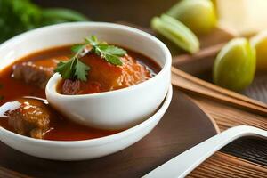 a bowl of soup with meat and vegetables on a table. AI-Generated photo