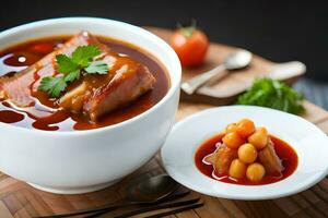 a bowl of soup with meat and beans on a wooden cutting board. AI-Generated photo