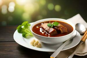 chinese beef and broccoli soup in white bowl on wooden table. AI-Generated photo
