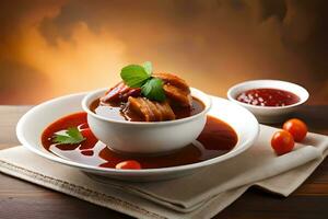 salchicha y tomate sopa en blanco cuenco en de madera mesa. generado por ai foto