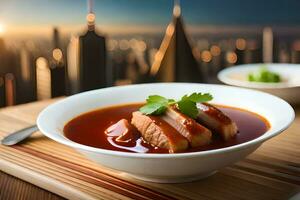 chinese food in a bowl with a cityscape in the background. AI-Generated photo