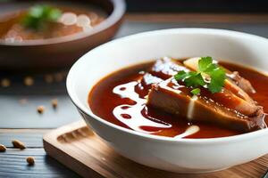 un cuenco de sopa con carne y salsa. generado por ai foto