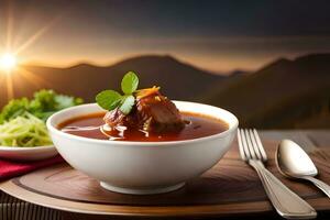 meatball soup with vegetables and rice on a wooden table. AI-Generated photo