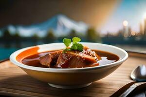 un cuenco de sopa con carne y vegetales en un mesa. generado por ai foto