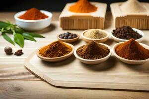 various spices and herbs in bowls on a wooden table. AI-Generated photo