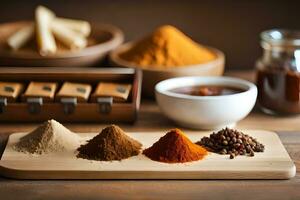 spices and spices on a wooden cutting board. AI-Generated photo