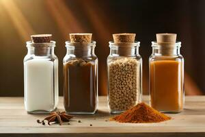 various spices and spices in glass bottles on wooden table. AI-Generated photo