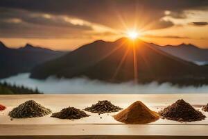 spices on a table in front of a mountain. AI-Generated photo