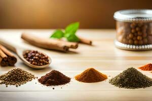 various spices and herbs on a wooden table. AI-Generated photo