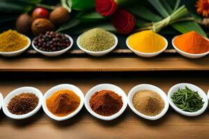various spices and herbs in bowls on a table. AI-Generated photo