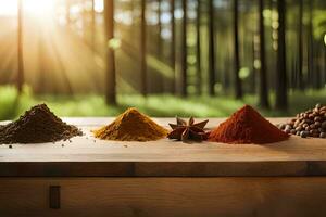 spices on a wooden table in the forest. AI-Generated photo