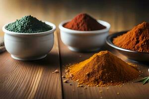 three bowls of different colored spices sit on a table. AI-Generated photo