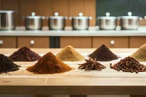 various spices and spices on a wooden table. AI-Generated photo