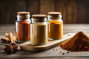 three jars of spices and spices on a wooden table. AI-Generated photo