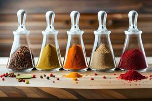 various spices in glass jars on a wooden table. AI-Generated photo