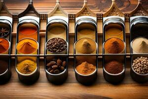 a variety of spices in jars on a wooden table. AI-Generated photo