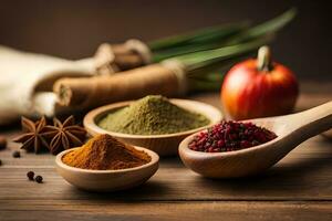 spices and herbs in wooden bowls on a wooden table. AI-Generated photo