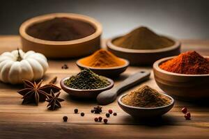 various spices and spices in bowls on a wooden table. AI-Generated photo