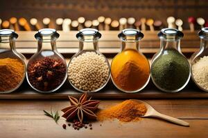 various spices and herbs in glass jars. AI-Generated photo