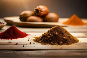 spices and spices on wooden table. AI-Generated photo